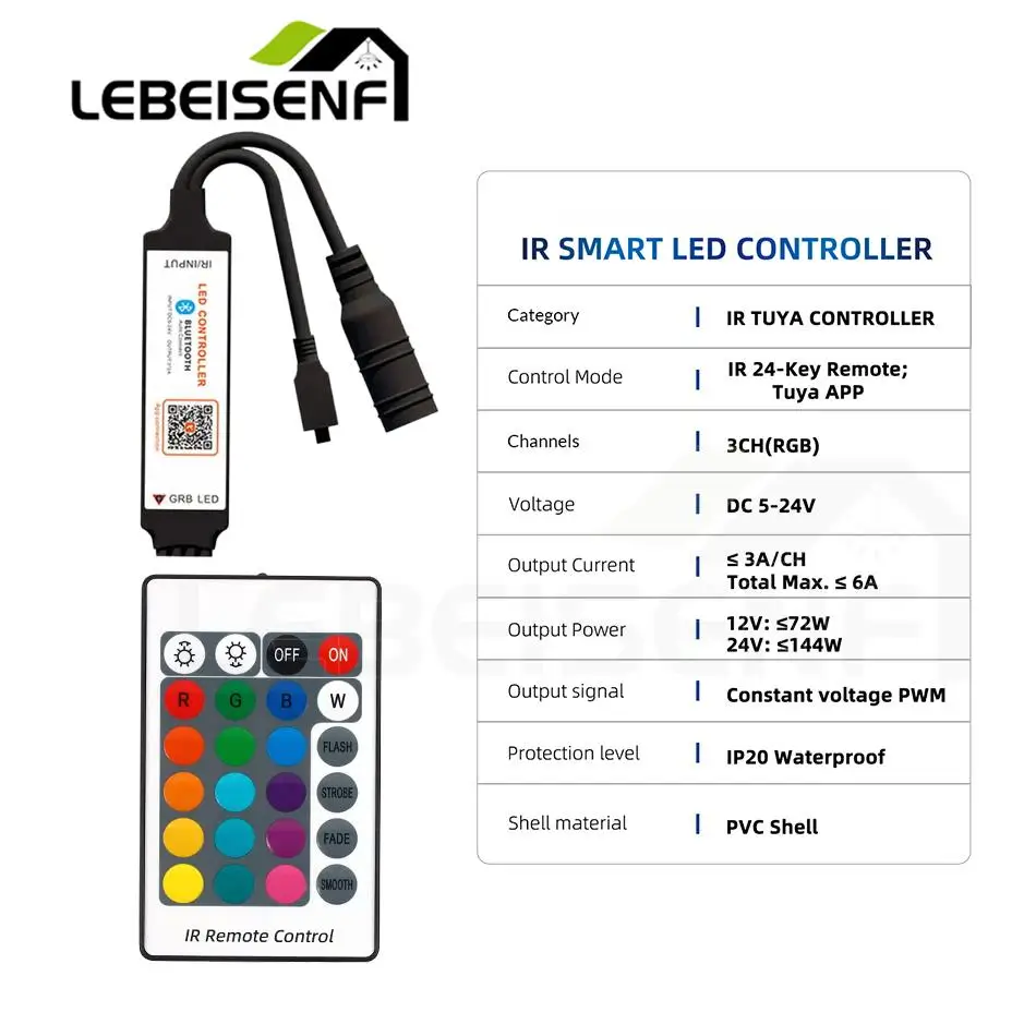 Tuya Mini LED Smart Controller DC 5-24V 6A RGB PWM Dimmer con telecomando IR a 24 tasti per 5050 2835 COB Color LED Strip Light