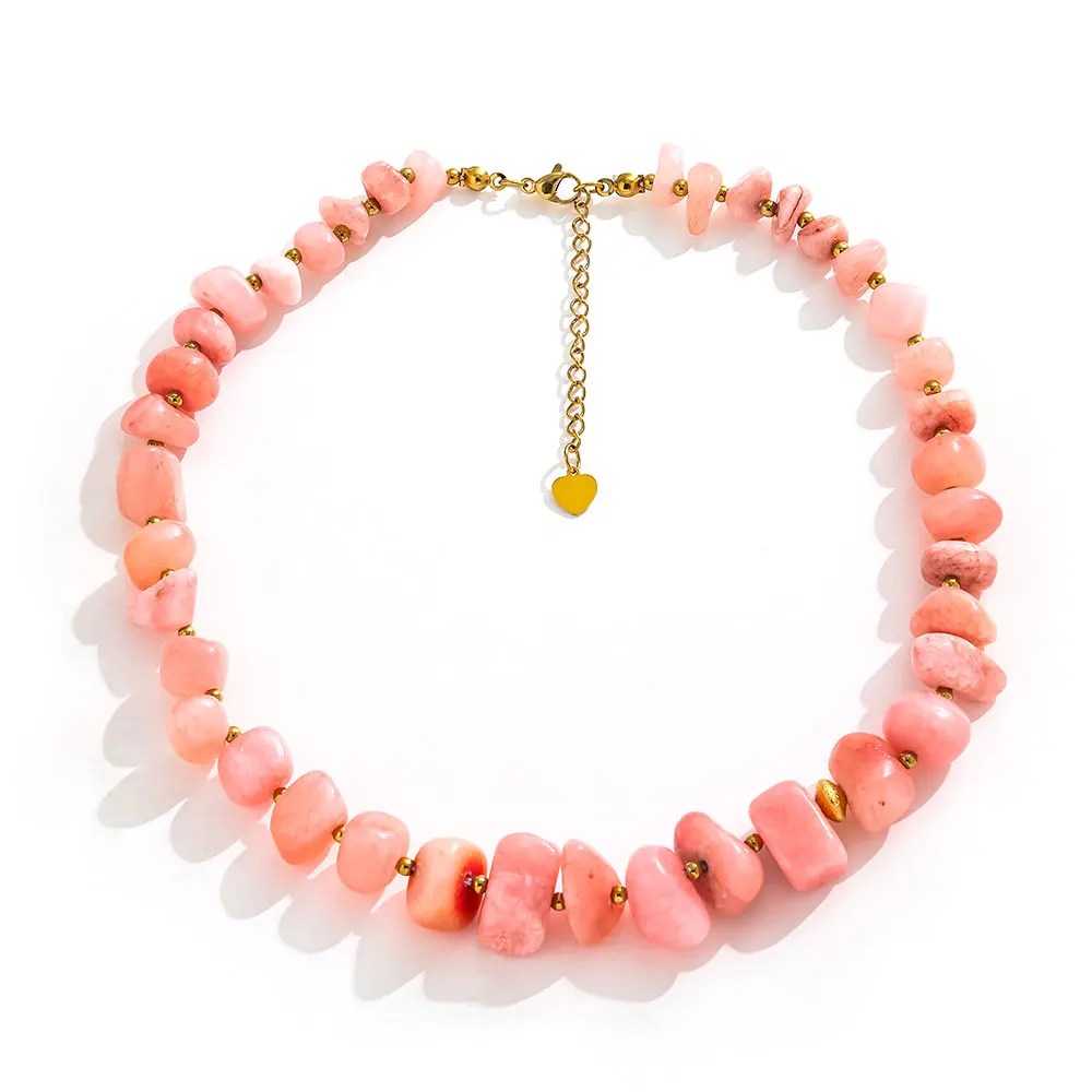 

Joolim Jewelry Wholesale Waterproof Elegant Fashion Irregular Natural Pink Stone Chain Stainless Steel Necklace for Women