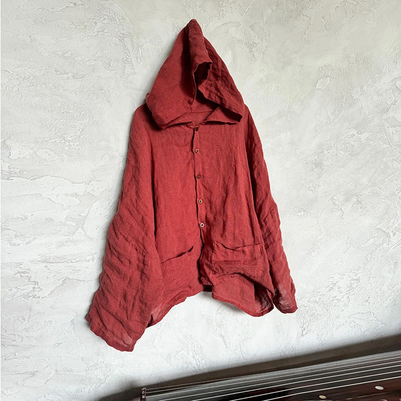 

Весна 2025 года, винтажный стиль, однотонные свободные женские повседневные топы, рубашки M736, 100% льняная женская рубашка с капюшоном и длинным рукавом, Новое поступление