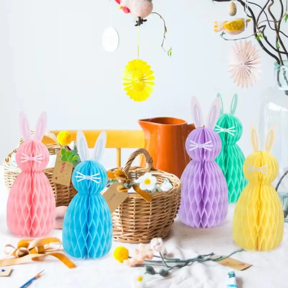 

2pcs 3D Easter Honeycomb Bunny Handcrafted Colorful Easter Rabbit Ornaments Paper Easter Theme Party Decoration Kindergarten