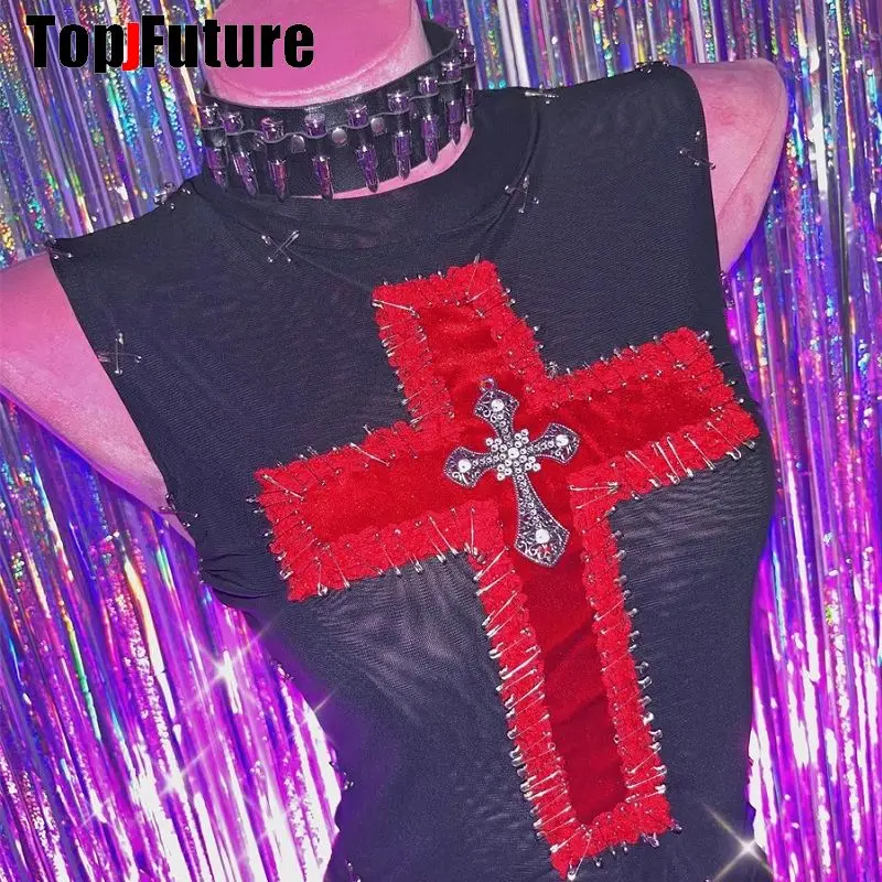 Women Gothic Lolita Punk Harajuku big cross Goth Y2K Girl Trim Crop Tops Rivet Skeleton Chain Steampunk Tank Top Shirt Tee