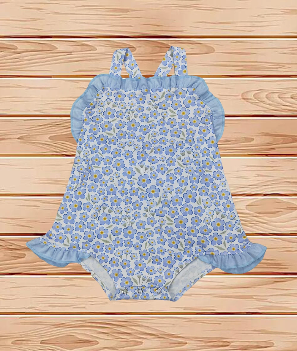

3.26 Wholesale western boutique onesies Newborn toddler Baby Infant Girls Blue Flowers Straps Romper