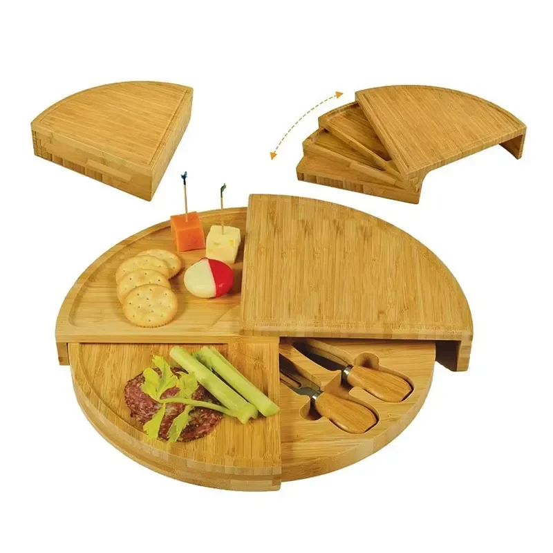 for Bamboo Fruit Tray Household Multipurpose Folding Cheese Tray Fan Rotary Knife and Fork Set Food Storage Container