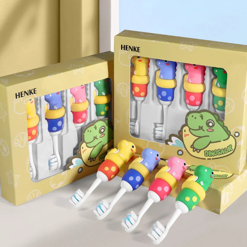 

4 шт./кор., очаровательная детская зубная щетка с динозавром, ультрамягкая удобная щетина, ручка динозавра