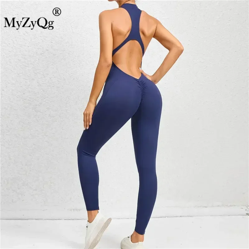 MyZyQg Zipper One-piece Yoga Jumpsuits Sports Bodysuit Hollow-out Back Running Fitness Pilate Gym Ballet Dance Aerial Jumpsuits