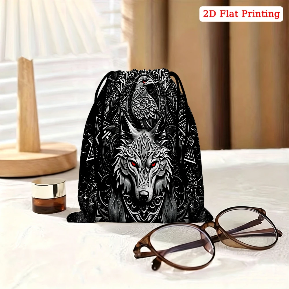 1Pc Gothic Style Drawstring Bag Black Wolf And Eagle Pattern Storage Small Pouch For Travel Gym Cosmetics Organization Unisex Li