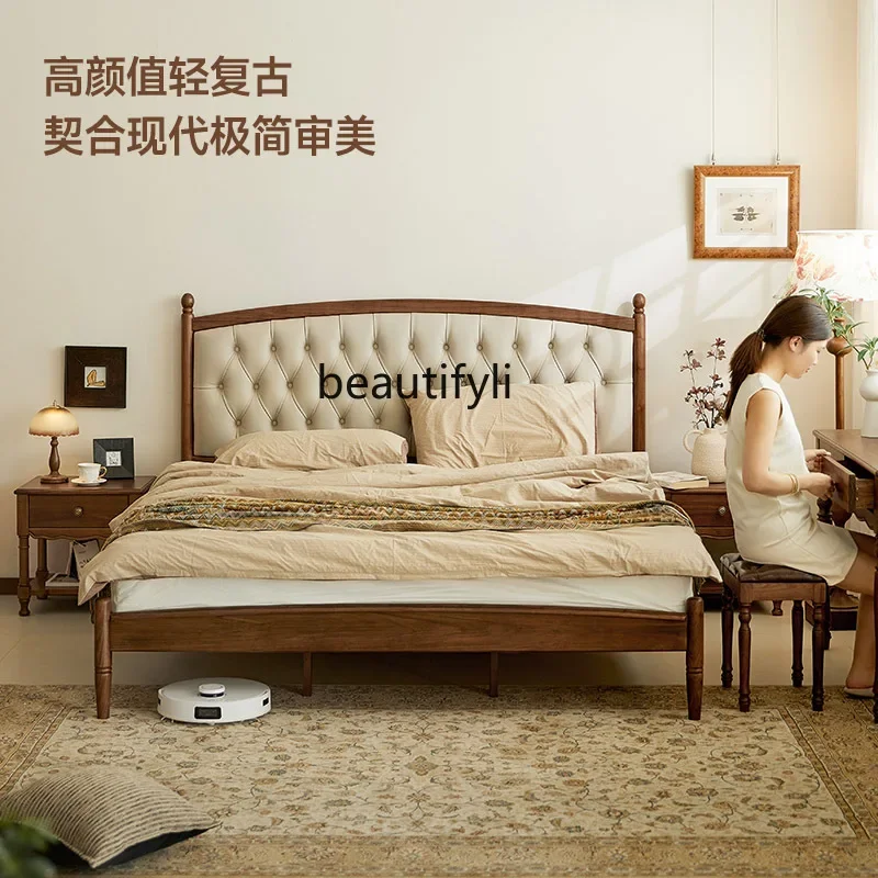 

D80 Black walnut leather bed antique solid wood bed American furniture master bedroom double bed