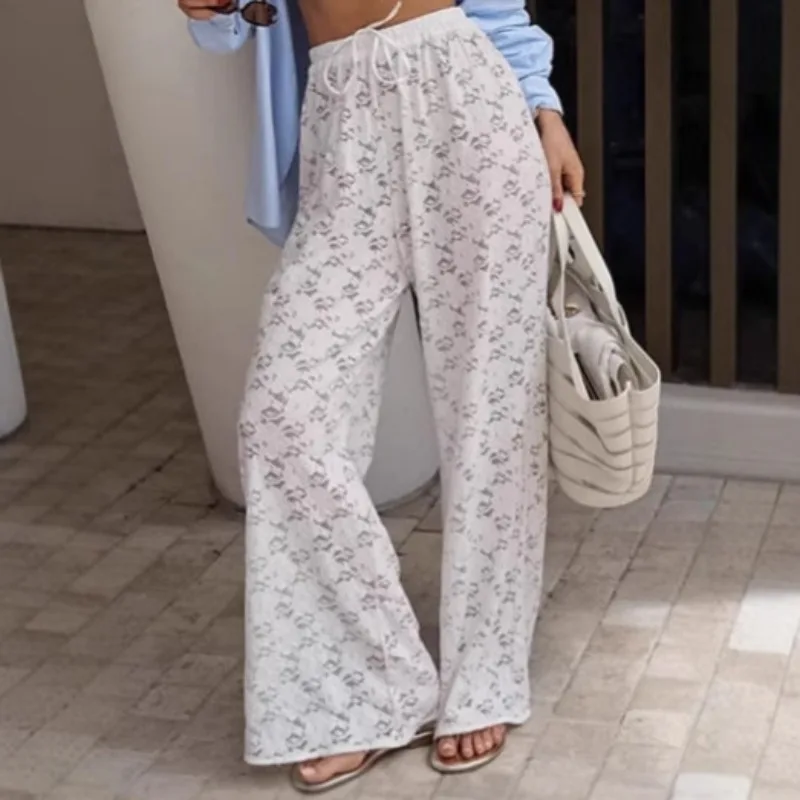 

Women Lace Long Summer White Straight Wide Leg Pants Casual Korean Y2K Streetwear Trousers Tie Up Eleastic Waist Y2K Vintage