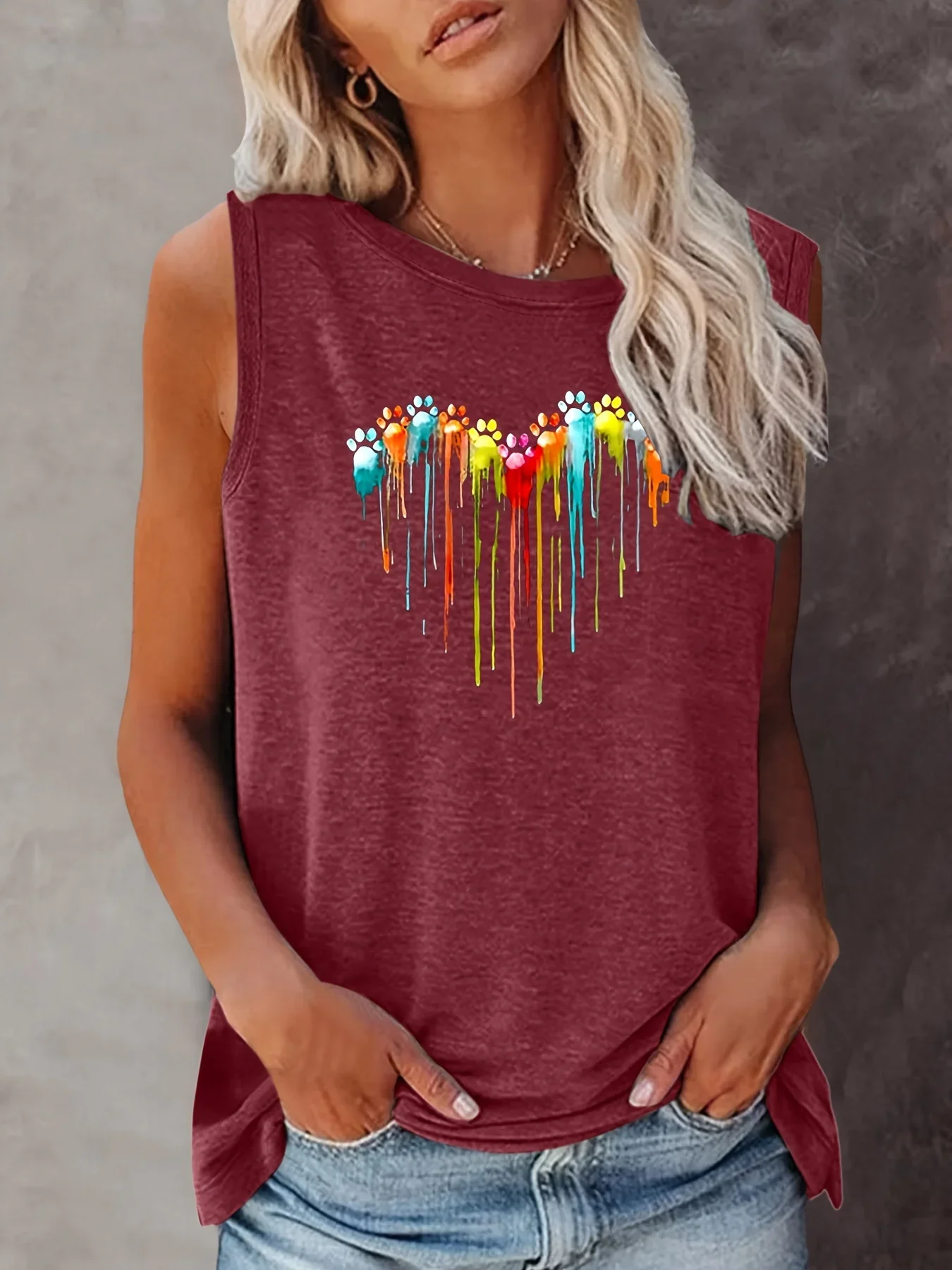 Colorful Paw Print Crew Neck Tank Top, Casual Sleeveless Top For Summer, Women\'s Clothing