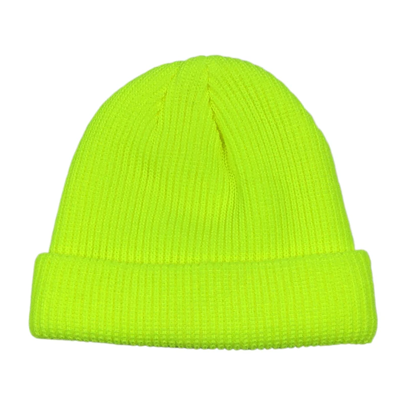 Short Plain Cuffed Hat Beanies Women Men Winter Knit Skull Cap Hip Hop Streetwear Neon Yellow Orange Bright Green