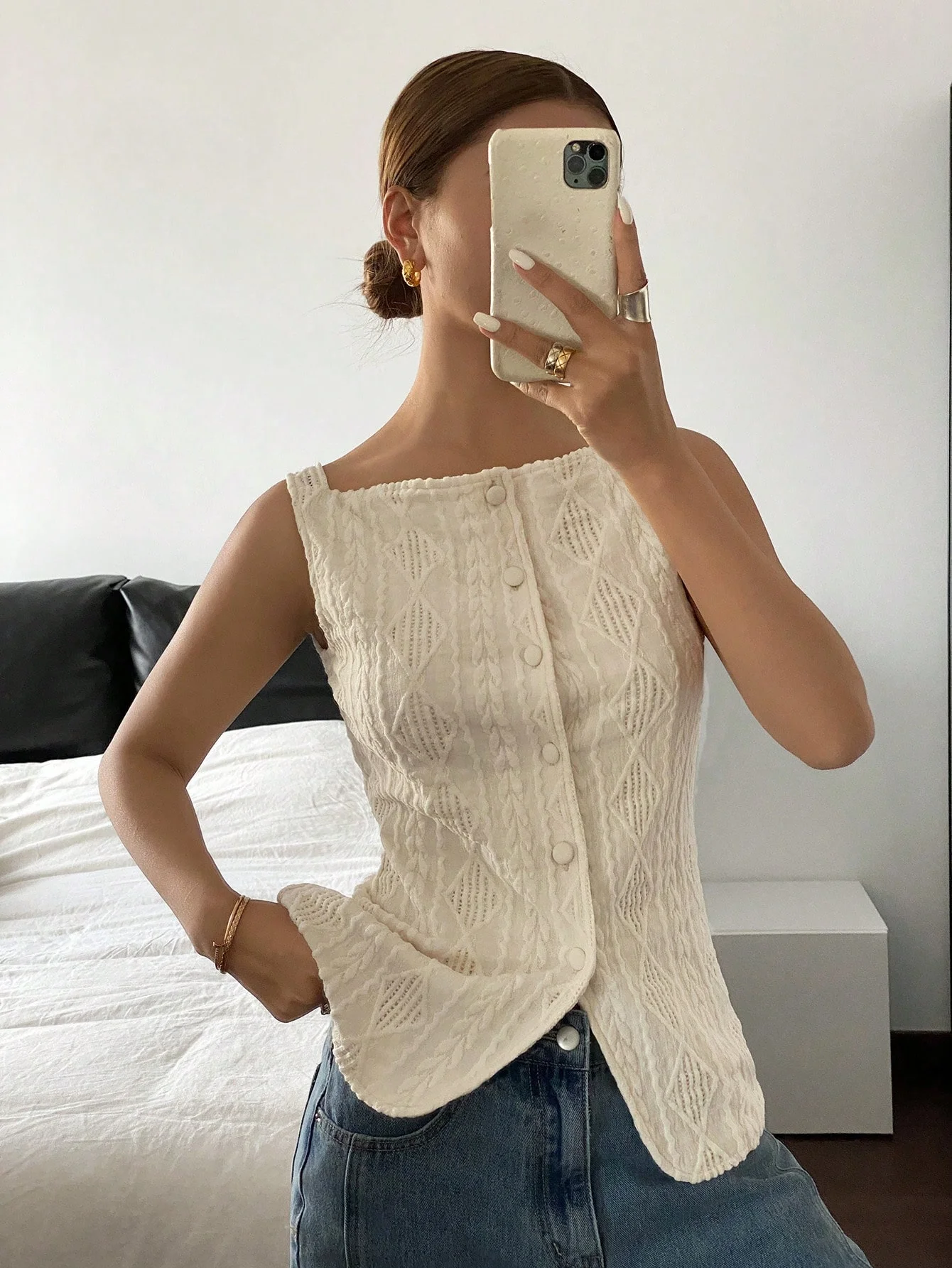 Women's summer sleeveless geometric texture single breasted casual shirt image 4