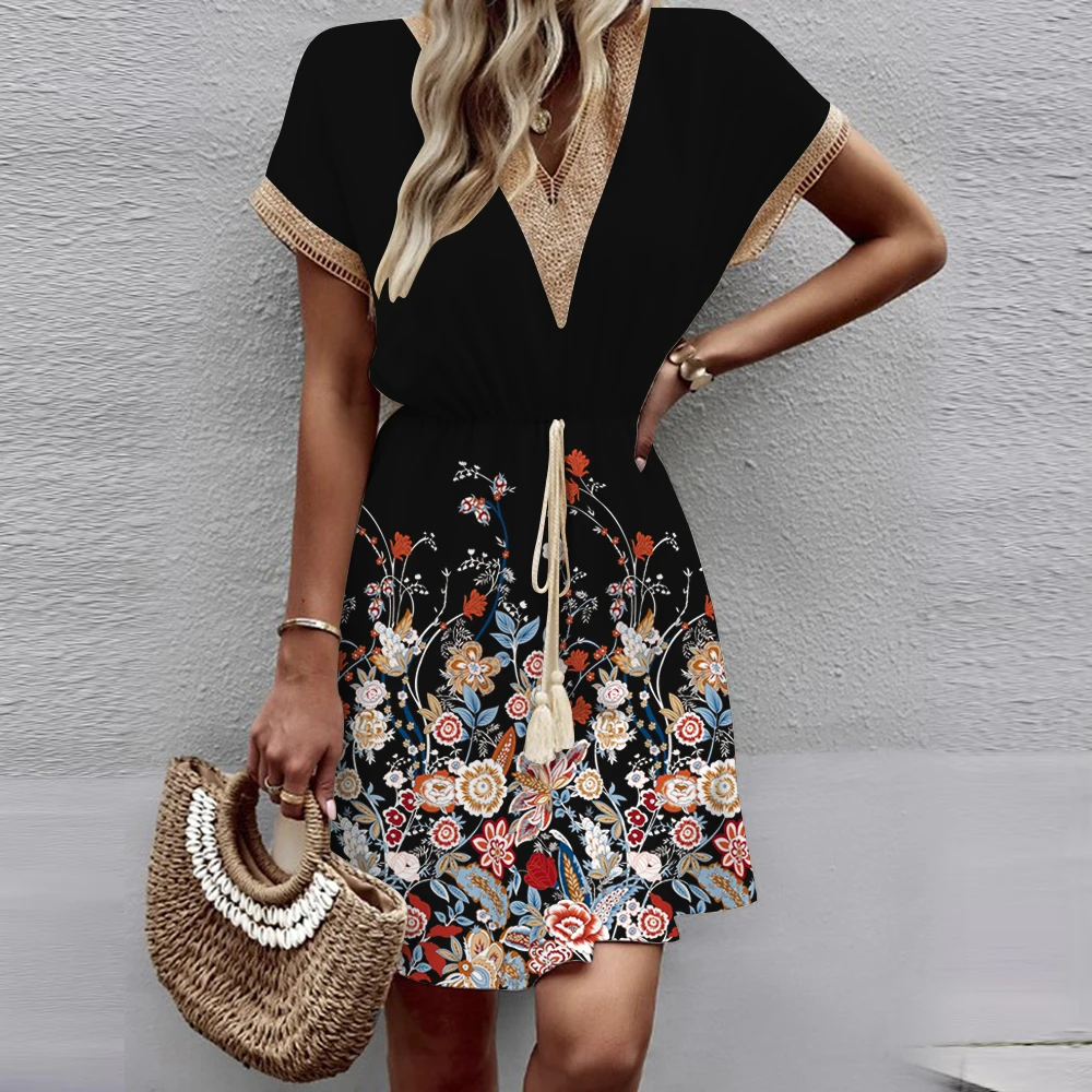 2024 New European and American Spring/Summer Printed Bat Sleeves Lace V-Neck Waist Wrap Short Sleeve Medium Length Dress