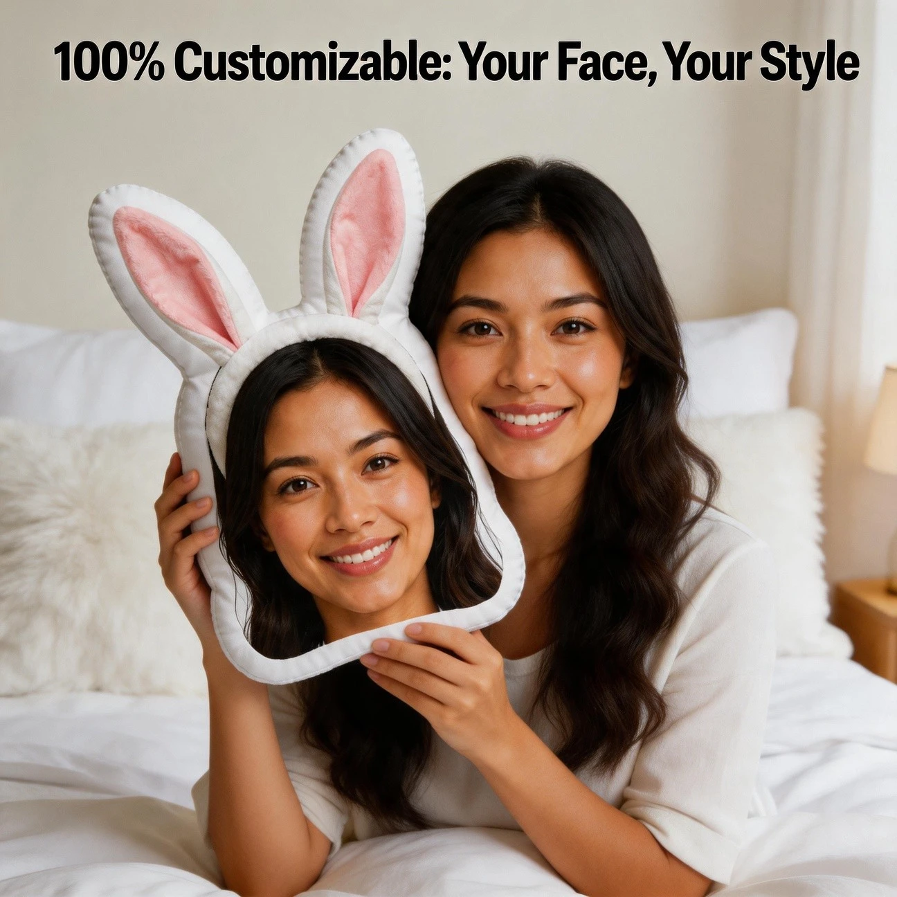 Custom Personalized Photo Face Pillow, Funny Bunny Ears Headband Style Custom Shaped Decorative Cushion, 70cm Home Decor Accent