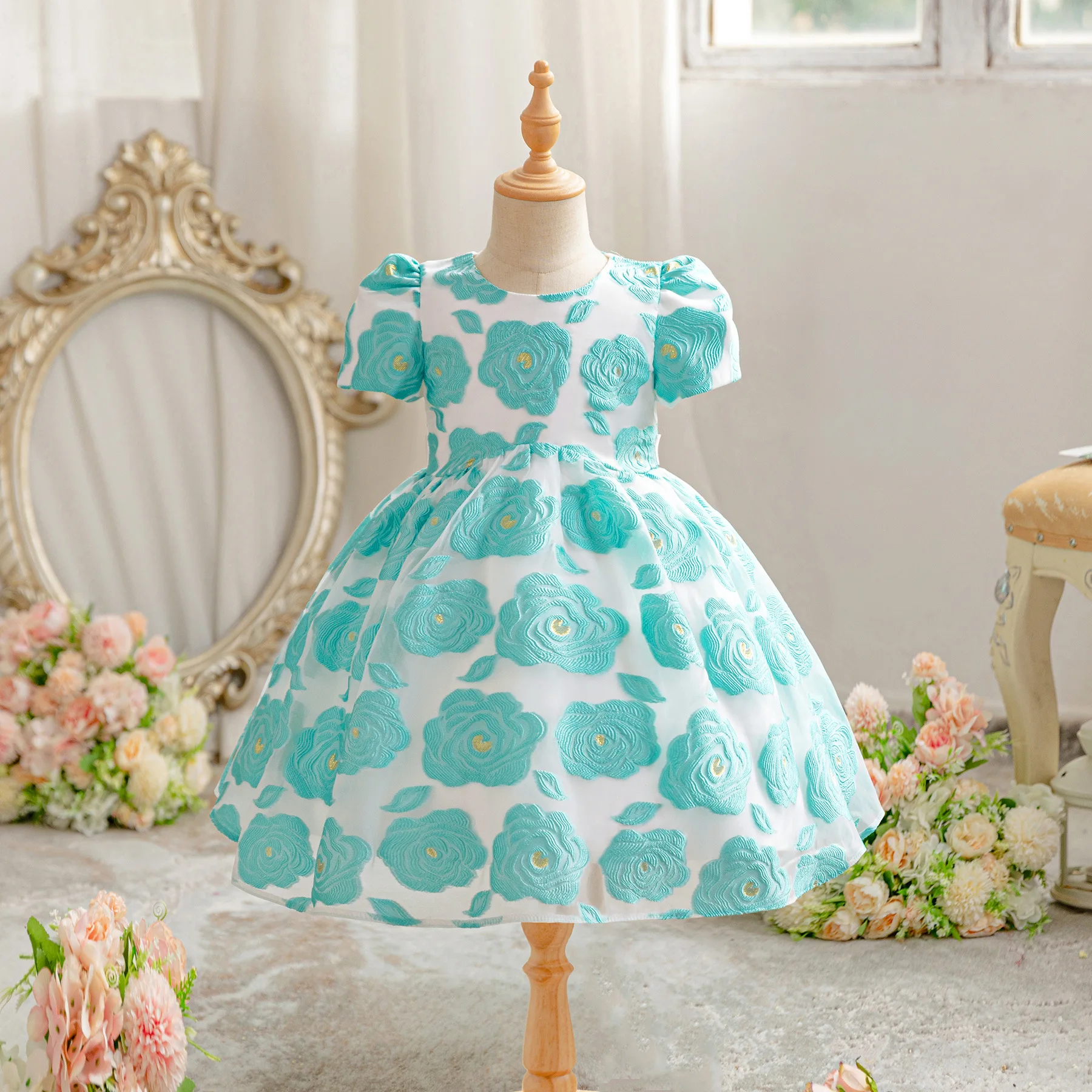 Floral Printed Dresses Children Fashion Short Sleeve Princess Dress Girls  Birthday Party Kids Evening Gown Spring Summer