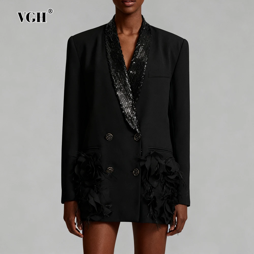 

VGH Design Sense, однотонные свободные блейзеры с аппликацией для женщин, осенний повседневный пиджак с v-образным вырезом и длинными рукавами, женский модный стиль