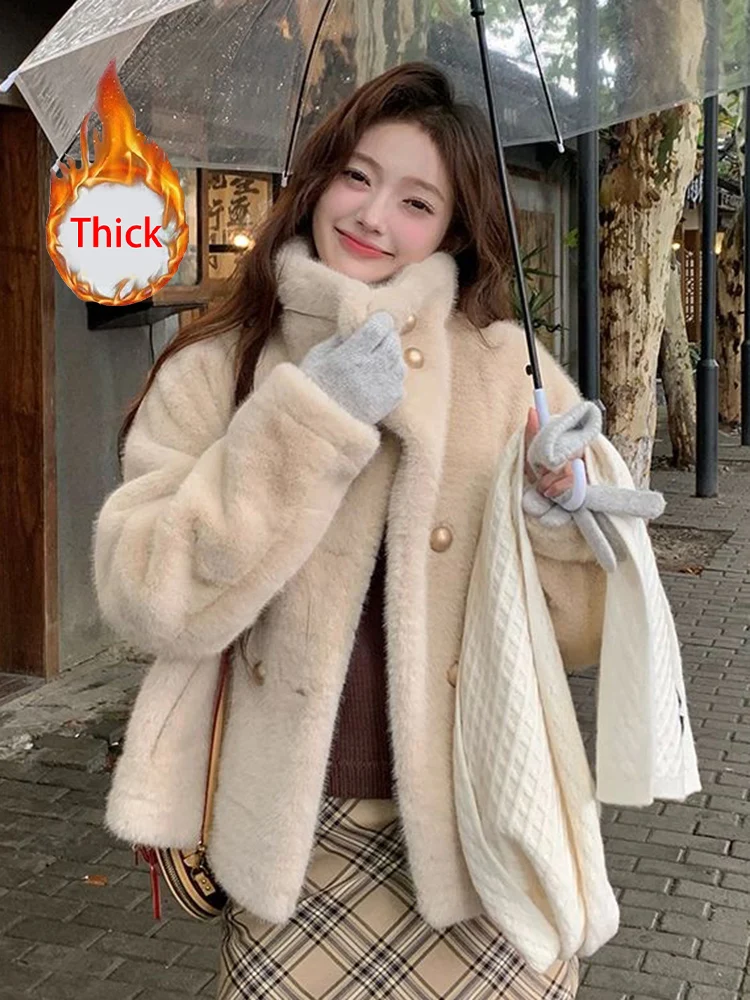 

Милое теплое пальто из искусственного меха, женская винтажная зимняя толстая куртка с воротником-стойкой, женская двубортная двубортная корейская элегантная куртка с длинными рукавами