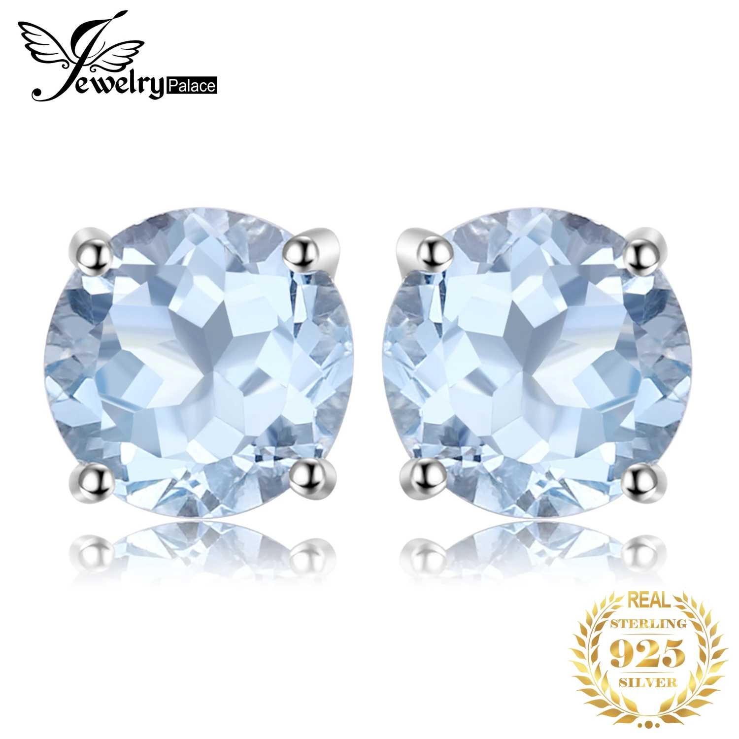 JewelryPalace Round 2ct Genuine Blue Topaz 925 Sterling Silver Stud Earrings for Women Fashion Gemstone Jewelry Anniversary Gift