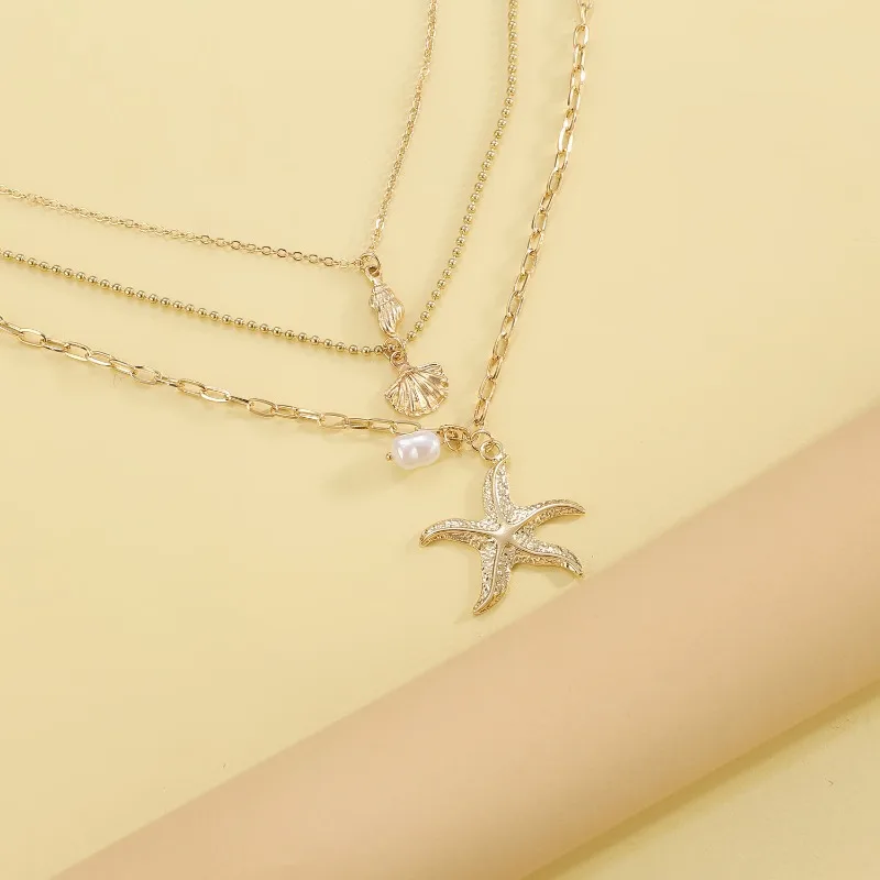 Fashionable Three-layer Pearl Starfish Shell Pendant Necklace for Women Trendy Summer Ocean Beach Party Jewelry Accessories