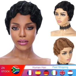 Onda de dedo curto perucas baratas para as mulheres remy cabelo real pixie corte peruca cabelo humano curto perucas mistura cor 1b, 2 #27 # 99j #