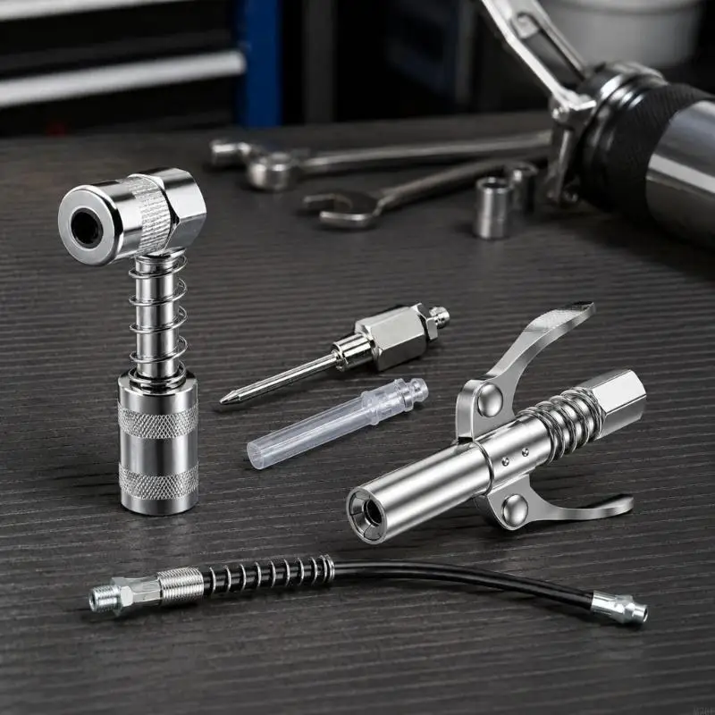 M76E Lubrication Nozzle and Coupler Set with Large and Small Needle Nozzles, 90-Degree Access and a Flexible Hose for Recessed