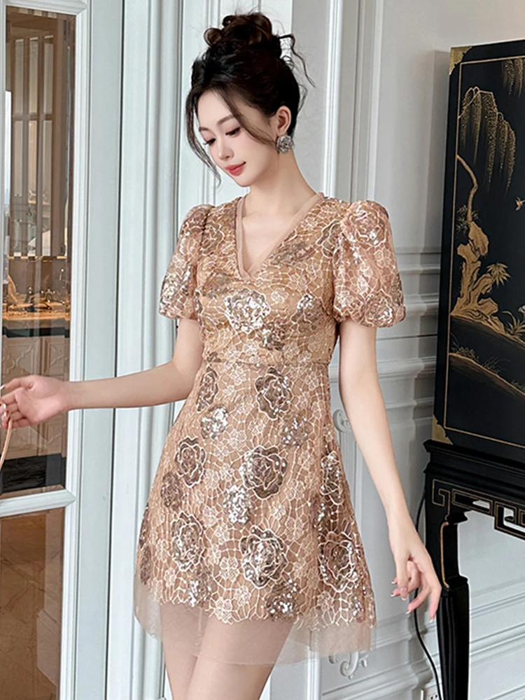 Women French Gorgeous Evening Dress Woman Sheer Lace Bright Sequins Flowers Short Gown Birthday Party Vestidos Prom Banquet Robe