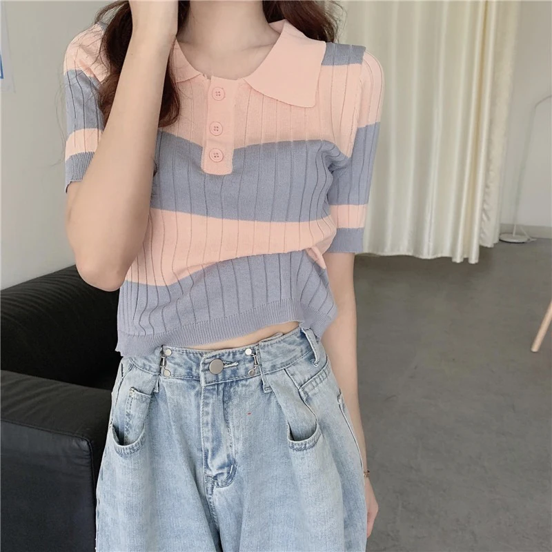 

Women Short Sleeve Lapel V-Neck Crop Top Fashion Knitted Contrast Color Striped T-Shirt Casual Slim Thin Sweater Jumper