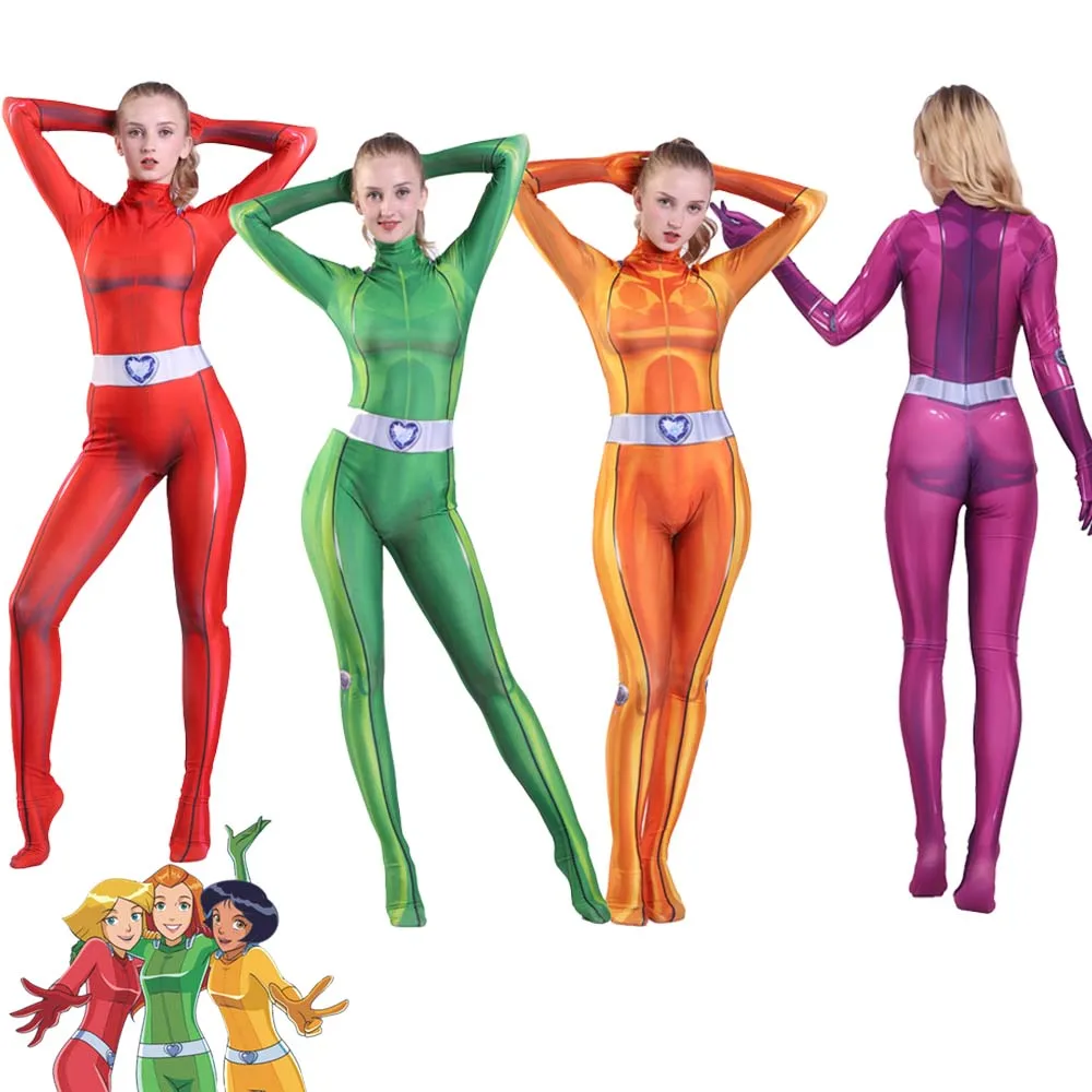 Adult Totally Spies Cosplay Costume Jumpsuit Cartoon Kid Girl Women Zentai Clover Ewing Bodysuit Christmas Alexandra Bff Clothes