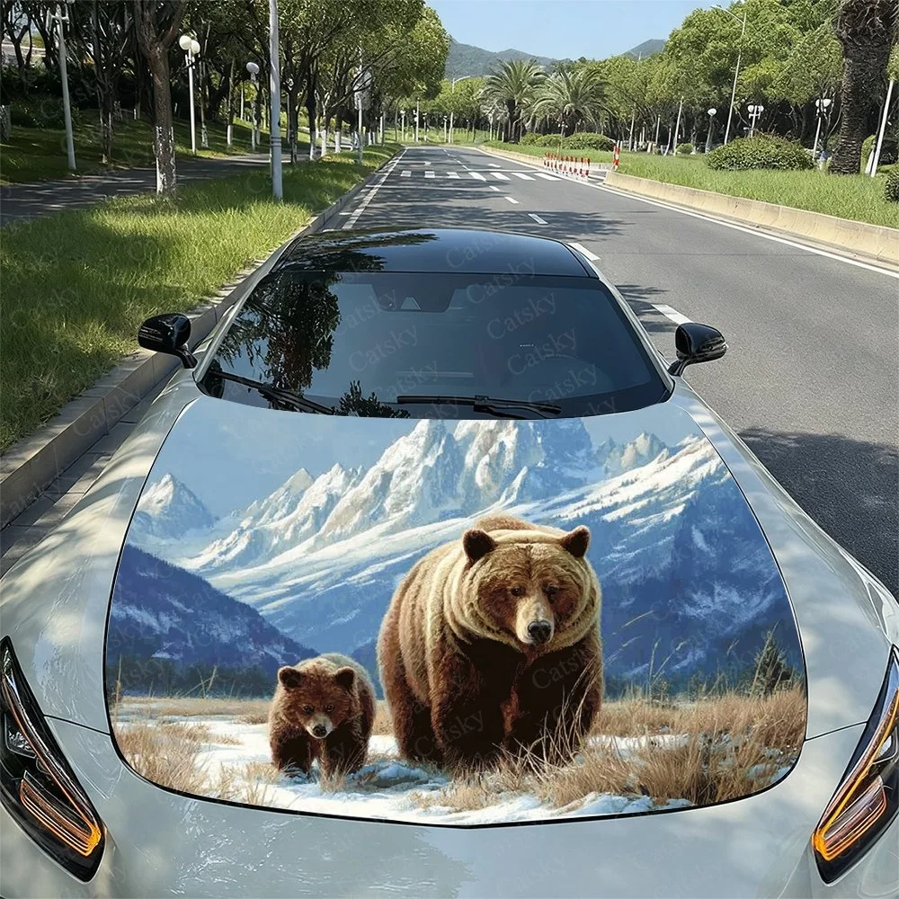Two Bears Mountain Car Hood Sticker PVC Self Waterproof Stick, Striking Auto Exterior Accessories Decor Protect Gift for Lover