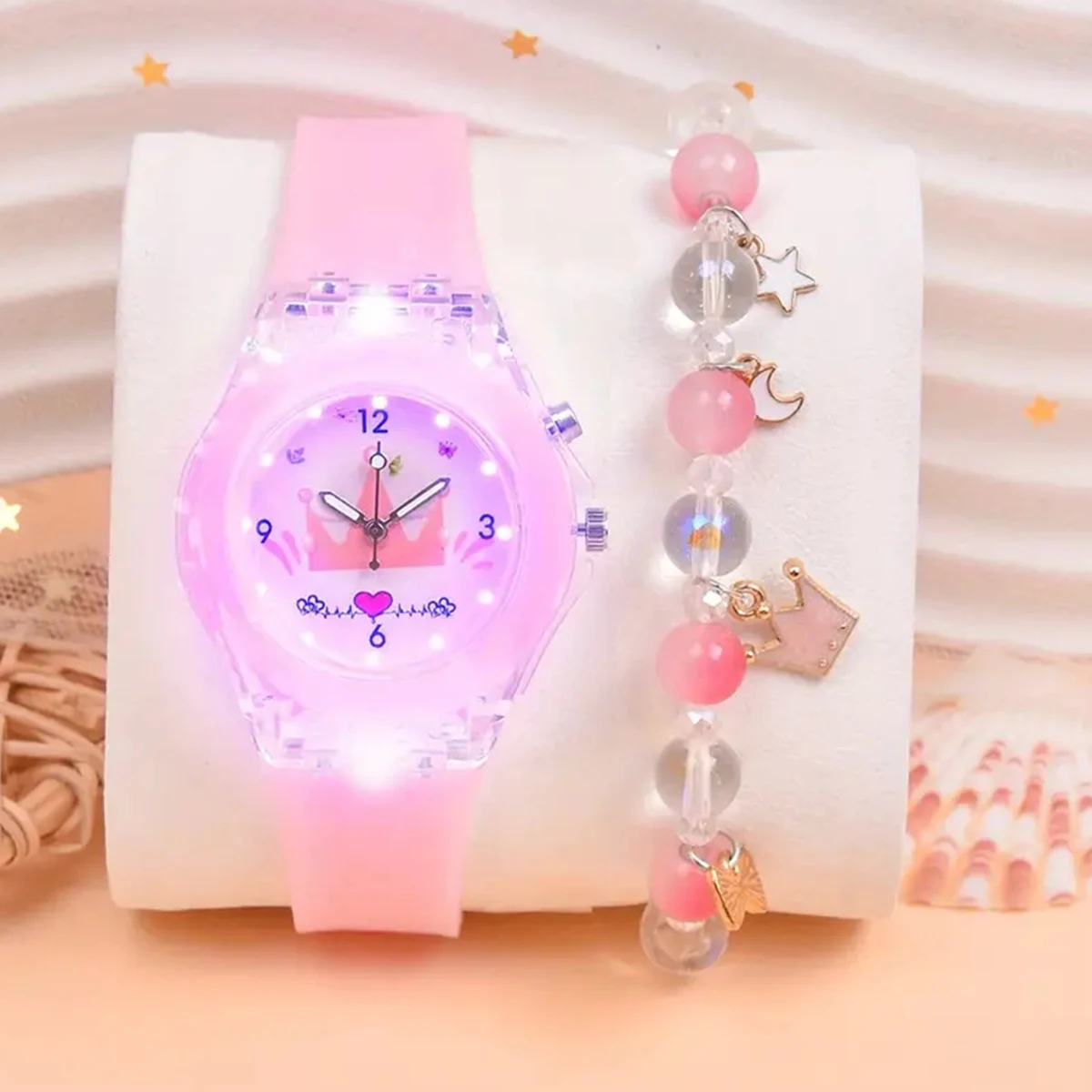 Fashion Butterfly Silicone Luminous Watch + Butterfly Beaded Bracelet