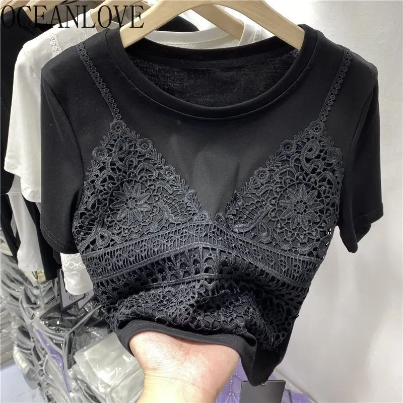 OCEANLOVE Lace Patchwork T Shirt for Women Fake 2 Pieces Spring Summer Korean Style Ropa De Mujer Vintage Simple Short Tees