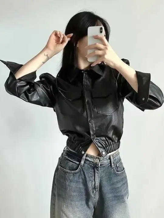 Coreano Sle versátil Retro solapa un solo botón doble ket cuero Jaet mujer ort Sve largo irt Otoño Invierno