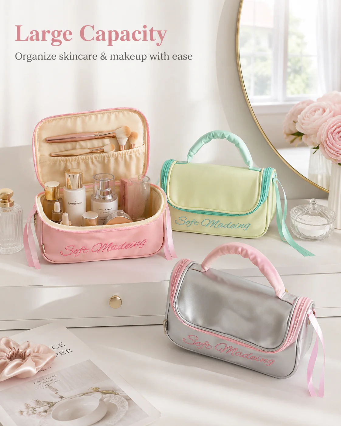 High Beauty Cute Ballet Makeup Bag, Large Capacity Handheld Cosmetic Pouch, Travel Toiletry Bag for Women Girls