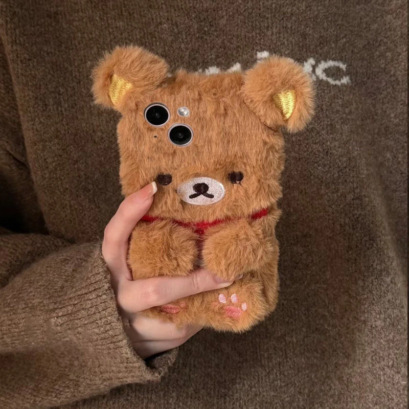 Luxury brown white bear Fluffy Fur phone case protection for iPhone 17 16 15 13 12 11 14 Pro Max XR 7 8 Plus Lovely Plush Coque