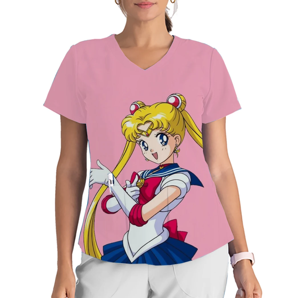 Sailor Moon V-Neck Print Scrub Top kreskówkowy wiosenny i letni strój do pracy szpitalnej okulistyki z krótkim rękawem