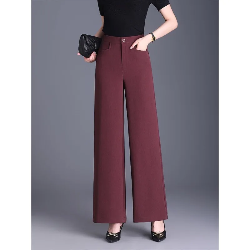 Womens High Waist Front Pocket Ice Silk Draped Straight Wide Leg Full Length Trousers XJ252