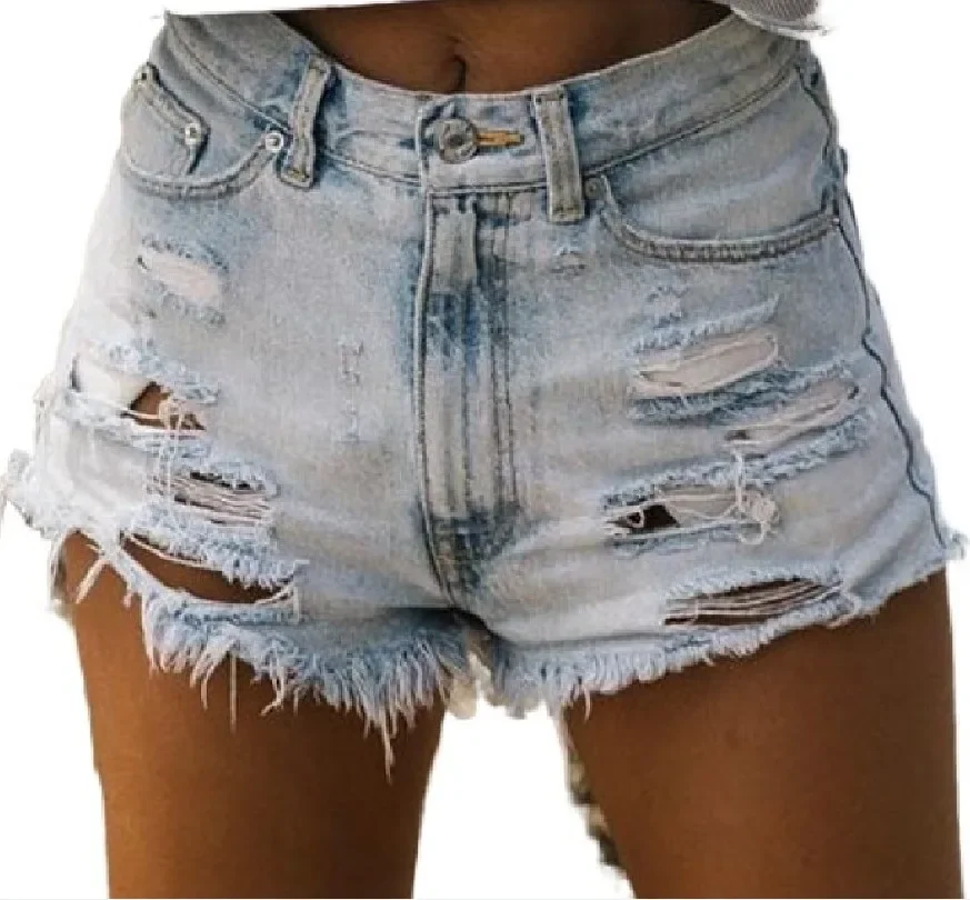 Ripped Women Denim Shorts Jean High Waist Skinny Washed Jeans Pockets Solid Hole 2025 Summer Distressed Tassel Vintage - Image 2