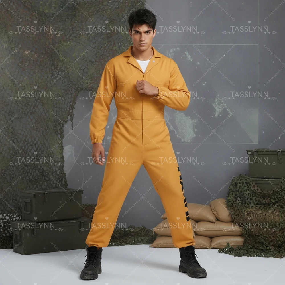Tidal Prison Inmate Cosplay Yellow Jumpsuit, Lapel Zip Up One Piece Long Sleeve Cuffed Jumpsuit Prisoner Uniform for Theme Party view 2