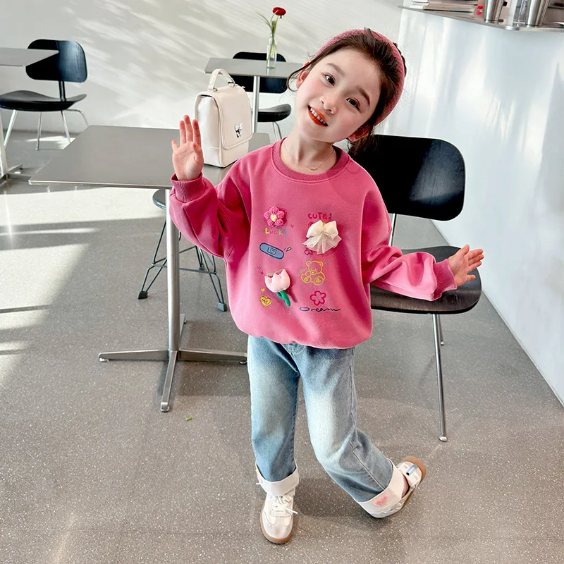 الفتيات هوديي 2025 الربيع والخريف ثلاثي الأبعاد زهرة عصرية عارضة حلوة لطيف قاعدة قميص النمط الغربي