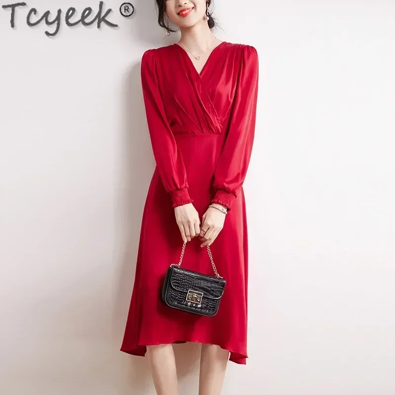 Tcyeek 91.2% Mulberry Silk Dresses for Women Clothes 19MM Real Silk Spring Summer Dress Elegant Women's DressesПлатье Женское