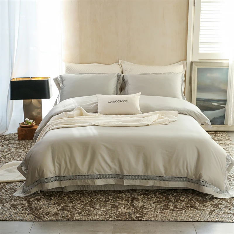 1000TC Lyocell Cotton Hollow Lace Wide Edge Luxury Bedding Set, Duvet Cover, Bed Sheet/Fitted Sheet, With Pillowcases, 4Pcs