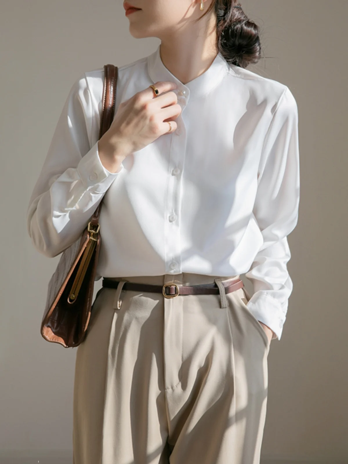 

Ele Pearl Button Long Sve Women's irt Stand Collar Chiffon Inner Wear Profional Commute Sle Polyester Fiber