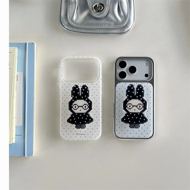 

New Cute Korean Checkered Rabbit Leather Case for iPhone 17 Promax 14 15 16 Pro Max Luxury Protective Cover phone case