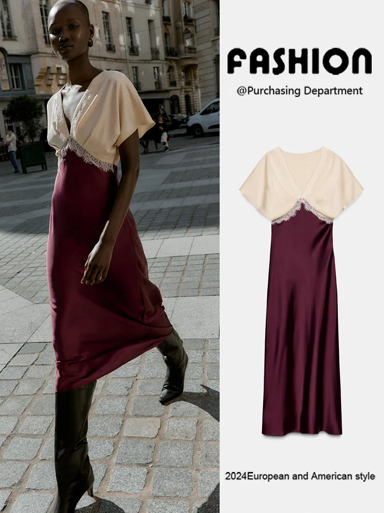 Nieuwe herfst 2025, dames midi dr kant zijde satijn textuur elli splitsen chiffon jurk toneelvoorstelling traditioneel kostuum