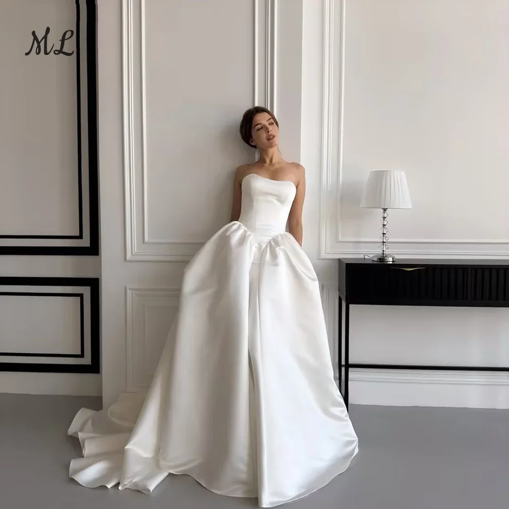 

ML Elegant Wedding Dress Strapless Draped Sweep Train Ivory Satin A-Line Simple Bridal Gown Vestido De Noiva Customized 2026
