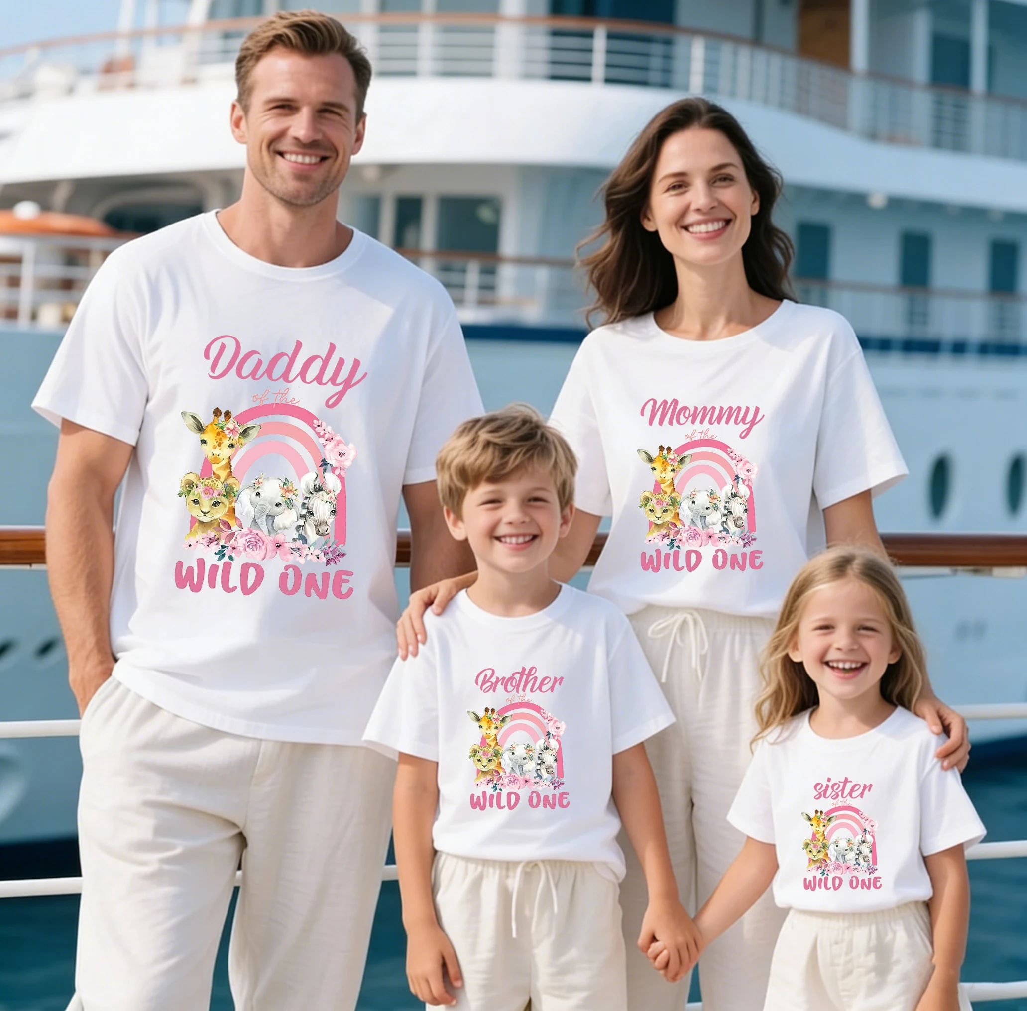 Wild One Safari Giraffe Elephant Animals Printed Family Matching Shirts, Dad Mom Kids Summer T-Shirts Parents and Kids Tee Tops