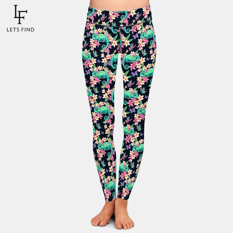 

LETSFIND Fashion Green Chameleon and Butterflies Digital Print Women Leggings High Waist Comfortable Fitness Leggings