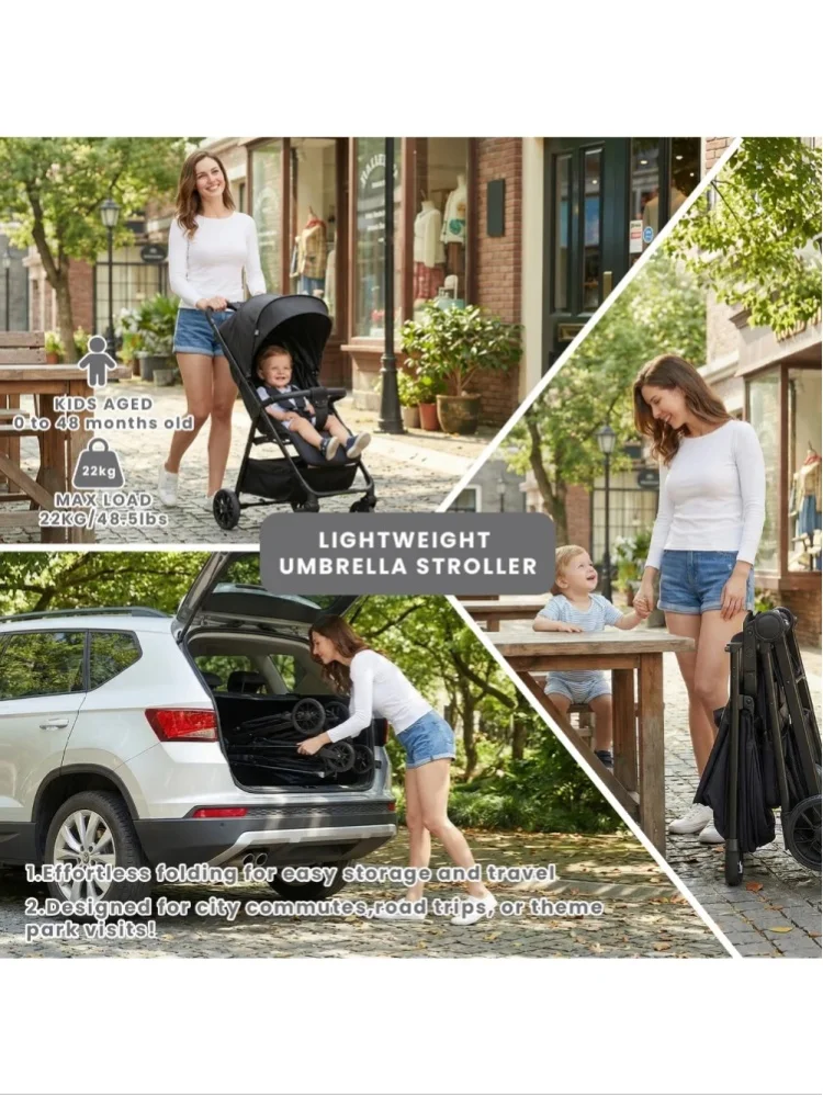 Kinderwagen für Kleinkinder mit Liegesitz, Ultra-Kompakter Buggy mit Großem Stauraum, Verdeck, für Reisen