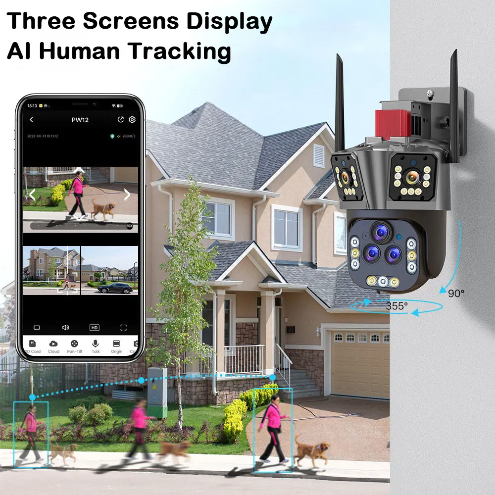 Outdoor WIFI Surveillance Camera 20MP HD Five Lens Three Screen Smart Home Auto Tracking 360° Wireless Security CCTV IP Camera