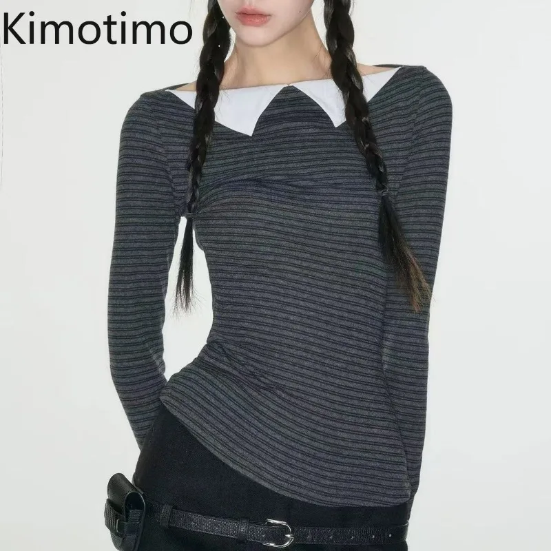 

Kimotimo, простые полосатые футболки с длинными рукавами, женские корейские винтажные облегающие футболки с талией, укороченный топ, сексуальные модные эстетические футболки Y2k