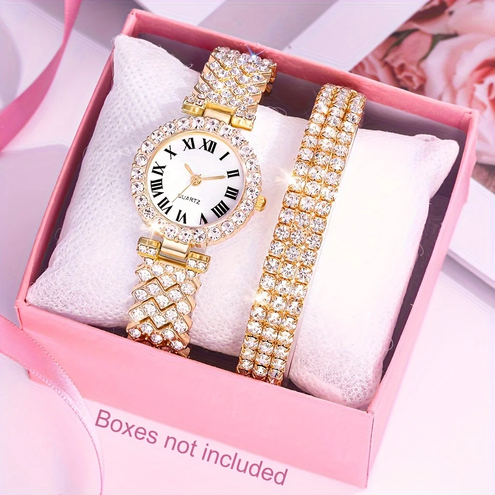 

4 Pcs Round Quartz Watches Alloy Strap Alloy Pointer Alloy Dial And Rhinestone Bracelet Jewelry For Mom Her GIfts For Eid